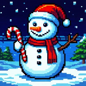 像素雪人戴紅帽和紅圍巾，在雪景中手持拐杖糖