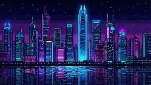 像素化霓虹城市天際線，發光建築在星空下倒映在水中