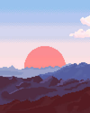 像素藝術日落，紫色山脈，漸變天空