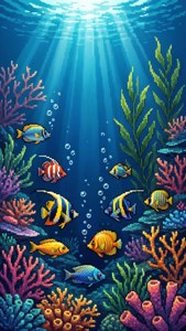 在像素藝術風格中，陽光照射的海水下，熱帶魚游弋於充滿活力的珊瑚礁