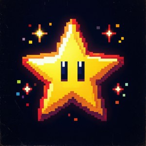 一顆像素化星星，眼睛在黑暗中發光，周圍環繞著彩色火花
