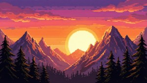 像素藝術風景， featuring 山脈、松樹和色彩鮮豔的夕陽