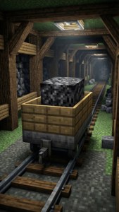 在Minecraft礦場內，木製路軌上載有煤炭的礦車，配有木樑和石牆。