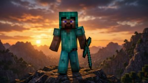 Minecraft角色在山頂日落時分手持鑽石劍
