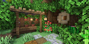 Minecraft花園，設有木製涼亭、發光燈籠和紅色花朵。