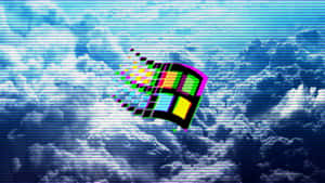 Windows標誌在多雲的天空上碎裂成像素，帶有數位失真效果。