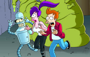 Futurama 角色在小巷中逃離一個巨大的綠色團塊。