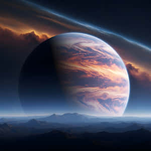 一顆帶有旋轉雲層的巨行星，在星空下升起於遠山之上。