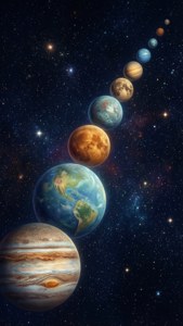 太陽系行星在太空中對角排列，伴有星星和星雲