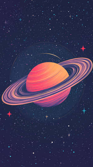 一顆色彩繽紛的行星，帶有發光的環，襯著星空