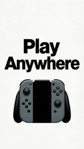 灰色Nintendo Switch主機及白色紋理背景上的「Play Anywhere」文字