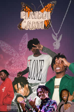 Playboi Carti 拼貼畫，紫色背景上有蝴蝶和 Playboy 標誌。