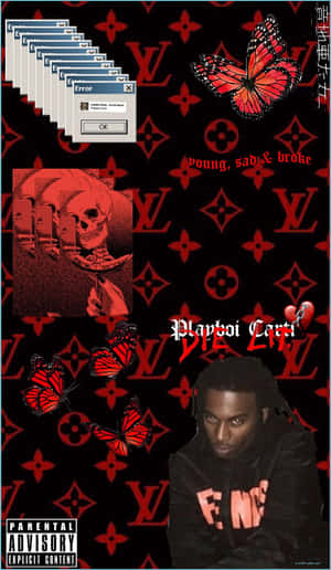 Playboi Carti肖像，帶有蝴蝶、骷髏頭和錯誤視窗，背景為LV圖案。