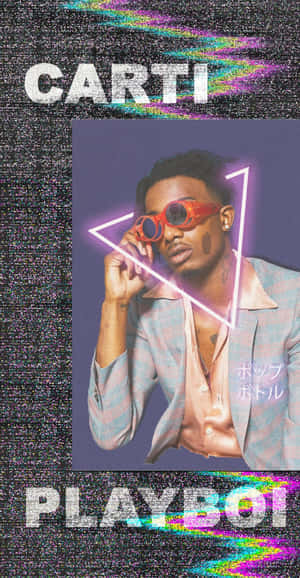 Carti 戴著紅色太陽眼鏡和格仔外套，在帶有故障效果的彩虹背景上，附有文字。