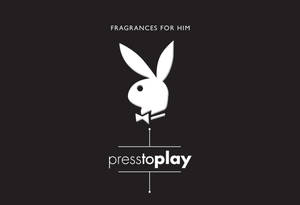 Playboy兔仔標誌配蝴蝶結及文字fragrances for him press to play在黑色背景上