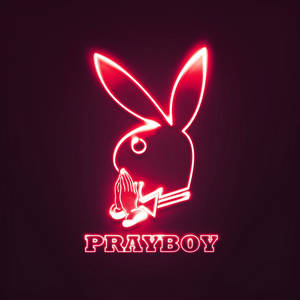 一個兔子雙手合十祈禱的霓虹燈牌，以及紅色的 PRAYBOY 字樣。