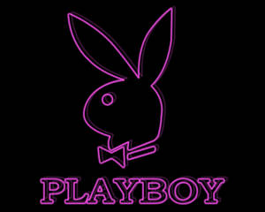 紫色霓虹燈Playboy兔仔標誌，配有蝴蝶結和文字，背景為黑色。