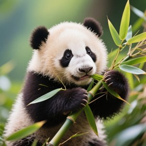 大熊貓寶寶在綠色森林環境中吃竹子