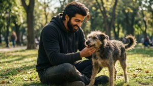 男人跪在公園裡，在陽光下撫摸草地上一隻邋遢的爹利混種犬。