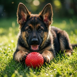 德國牧羊犬幼犬躺在草地上，抓著紅色球，舌頭伸出