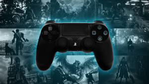 黑色PlayStation控制器被黑暗奇幻遊戲場景包圍。
