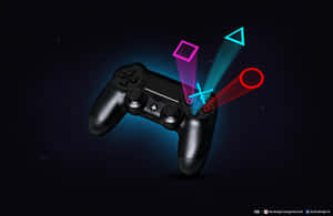 黑色遊戲手掣，按鈕中出現霓虹形狀，背景為星空。 — PlayStation GIF 壁紙