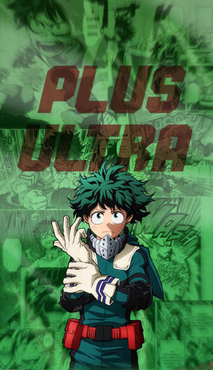 穿著綠色和紅色制服的動漫英雄，背景有「PLUS ULTRA」文字。