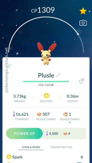 Plusle 寶可夢個人資料畫面，附有統計數據和星空背景。