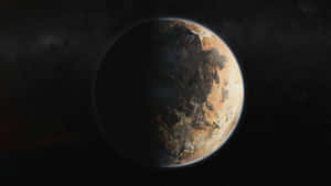 太空中一個岩石外星行星，一半被遠處的光照亮。