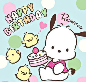 Pochacco 在圓點背景上與蛋糕和小雞慶祝生日。 — 生日蛋糕 壁紙