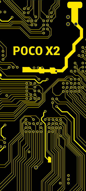 黑色背景上帶有POCO X2文字嘅黃色電路板設計。