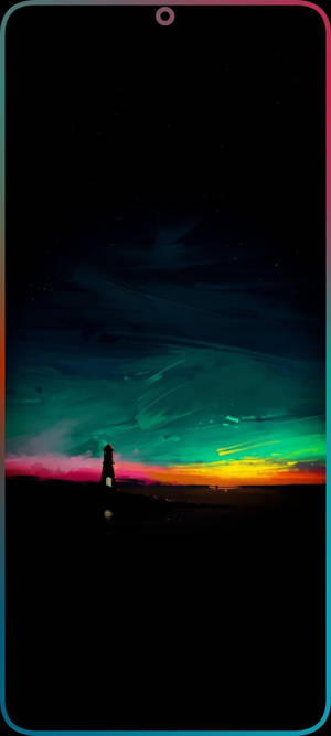 夜晚色彩繽紛的極光天空下的燈塔