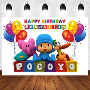 Pocoyo卡通角色用氣球和積木慶祝孩子的生日。