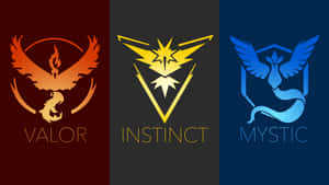 三個 Pokémon Go 隊伍標誌 Valor、Instinct 和 Mystic，採用其標誌性顏色。