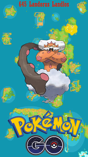 Landorus 寶可夢角色漂浮在雲上，帶有遊戲地圖碎片和 Pokémon GO 標誌。