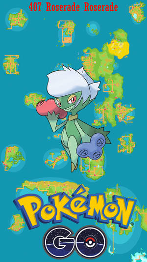 Roserade寶可夢角色漂浮在地圖碎片上方，帶有Pokemon GO標誌 — 手機 壁紙