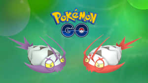 兩個帶有紫色和紅色點綴的Pokémon Go角色，背景為綠色。