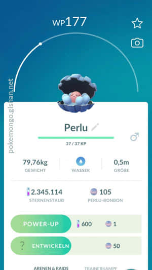 一隻名為Perlu的藍色殼寶可夢在遊戲畫面上，帶有統計數據和強化按鈕。