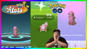 玩家在Pokémon GO的阿羅拉季節中捕捉Yungoos時驚訝地作出反應。 — 卡通 壁紙