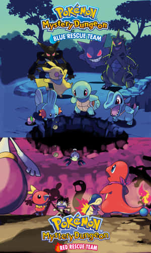 Pokémon Mystery Dungeon 團隊在洞穴入口，眼睛發光，團隊色彩鮮豔。 — Infinix Xpad 20 Pro 壁紙