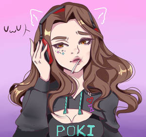 動漫女孩戴住耳機同揸煙，背景係粉紅紫色漸變。