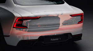 白色Polestar 1跑車，紅色尾燈在表面上反射出另一輛車。 — 汽車 壁紙