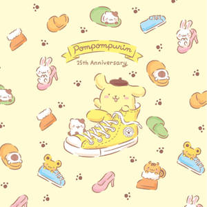 Pompompurin 25 週年紀念插圖，鞋子與配件中有可愛的動物。