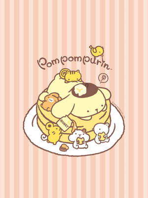 Pom Pom Purin 和朋友們在粉紅色條紋背景上吃蜂蜜煎餅。