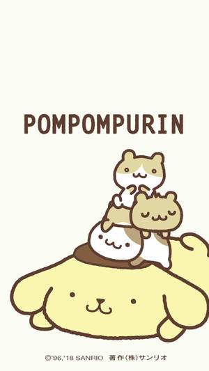 三個 Sanrio 角色堆疊在一隻大黃狗的插圖上。