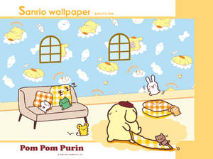 Pom Pom Purin 和朋友們在卡通房間的枕頭上放鬆，背景是天空壁紙。