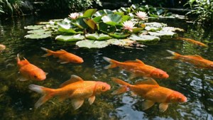 金魚在一個有睡蓮和白色花朵的池塘中游動。