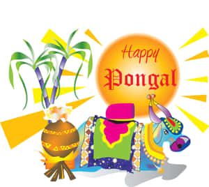Happy Pongal節日插圖，裝飾的公牛、甘蔗和烹飪鍋在陽光下。