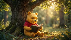 小熊維尼在陽光明媚的森林裡樹下看書