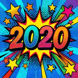 彩虹色的粗體2020文字，周圍環繞著星星和漫畫風格的爆炸效果。